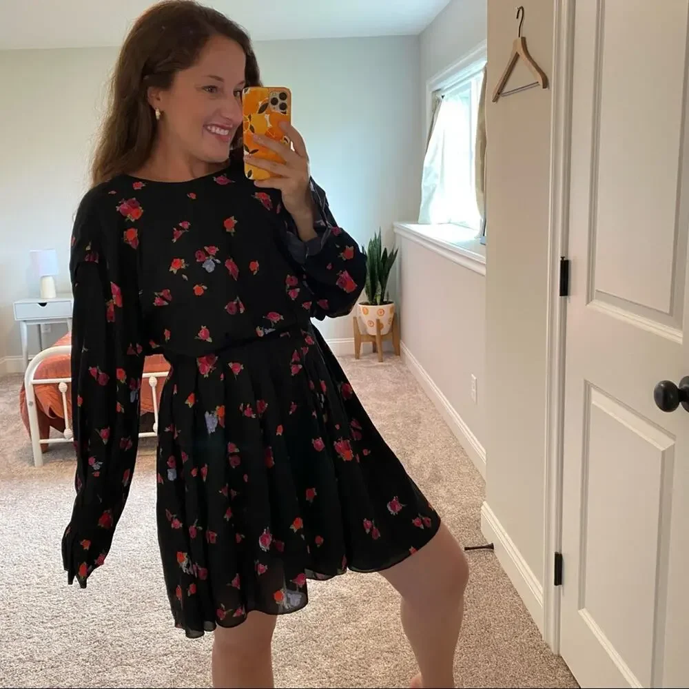 JASON WU Black Rose Floral Long Sleeve Mini Dress 10